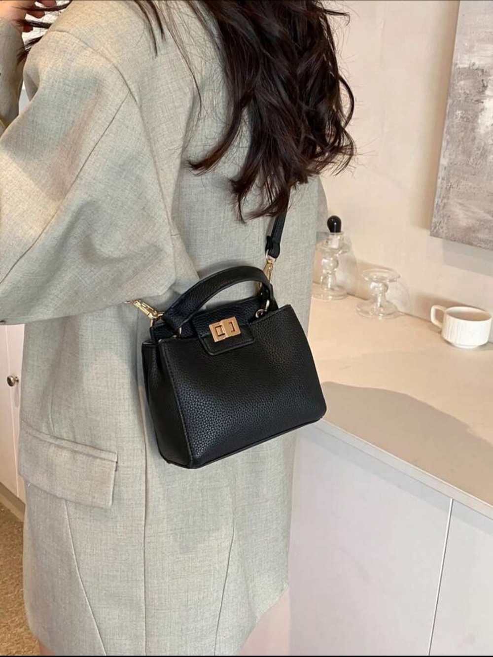 Black Pebbled Leather Top-Handle Crossbody Mini Bag - Picture 6 of 10